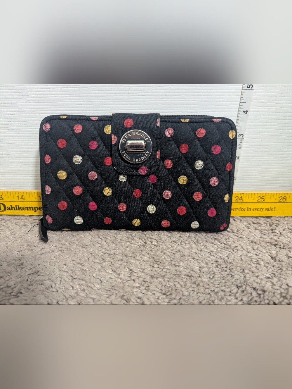 Vera Bradley Black Quilted Wallet with Multicolor Polka Dots